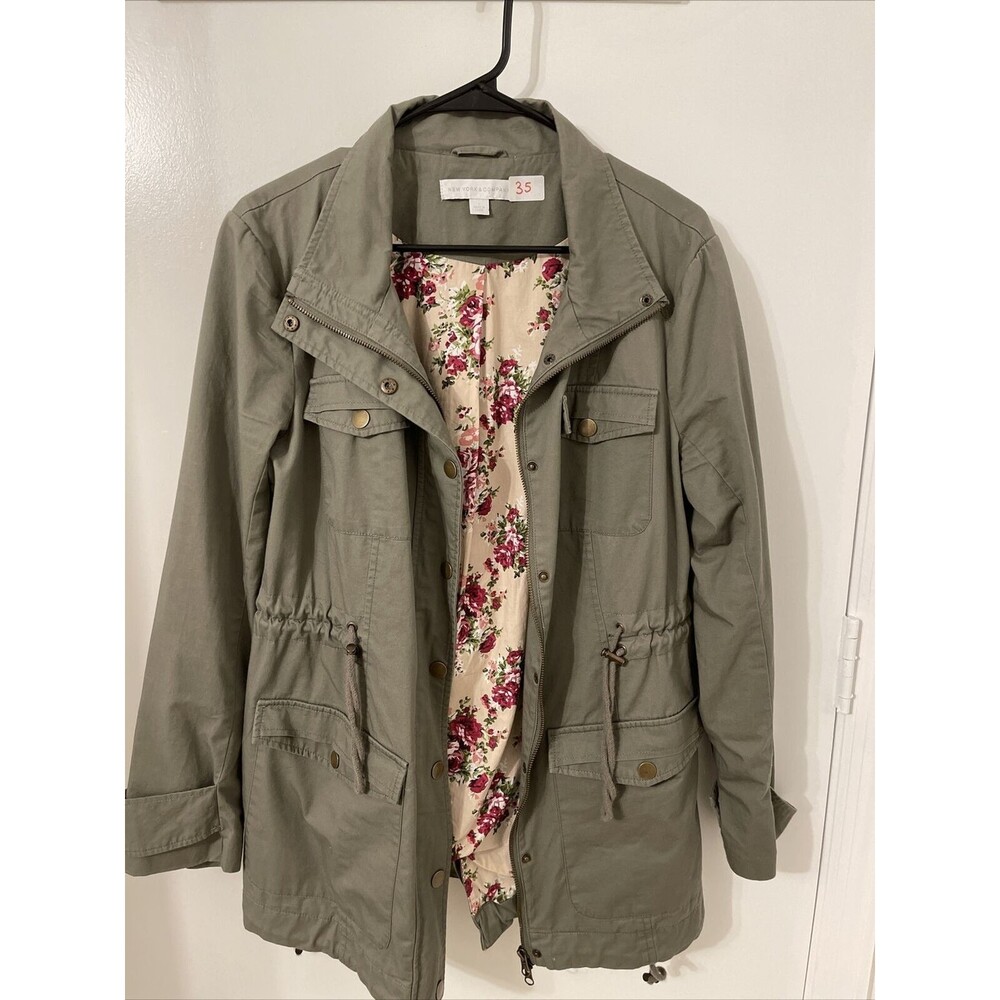 New York & Company Hunter Green Flower Lined utility jacket pockets L